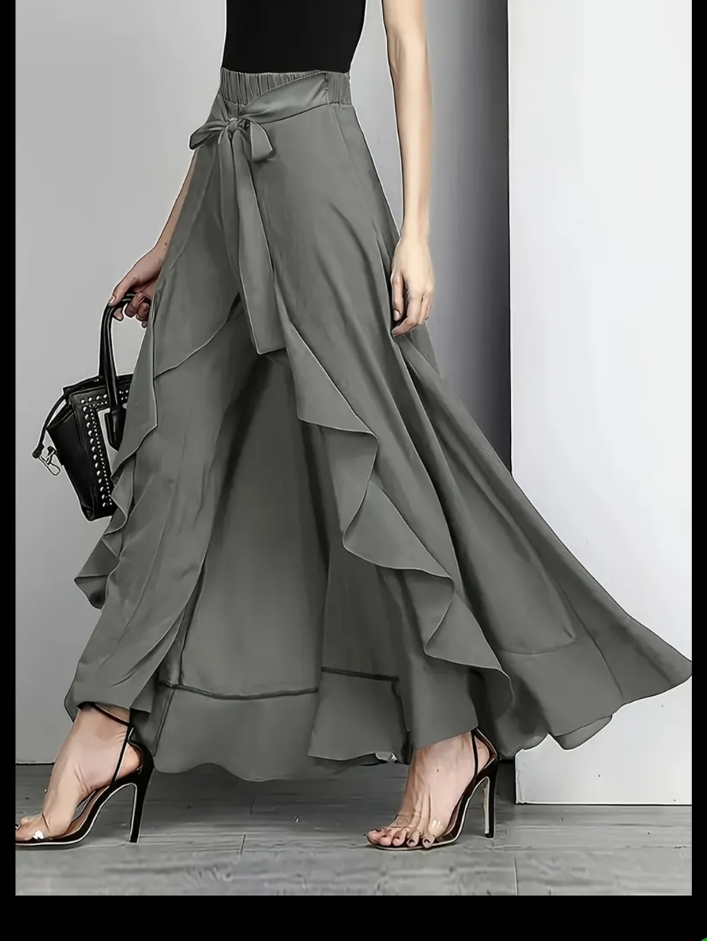 Women's Ruffled Maxi Skirt with Tie Waist - Olive Gray